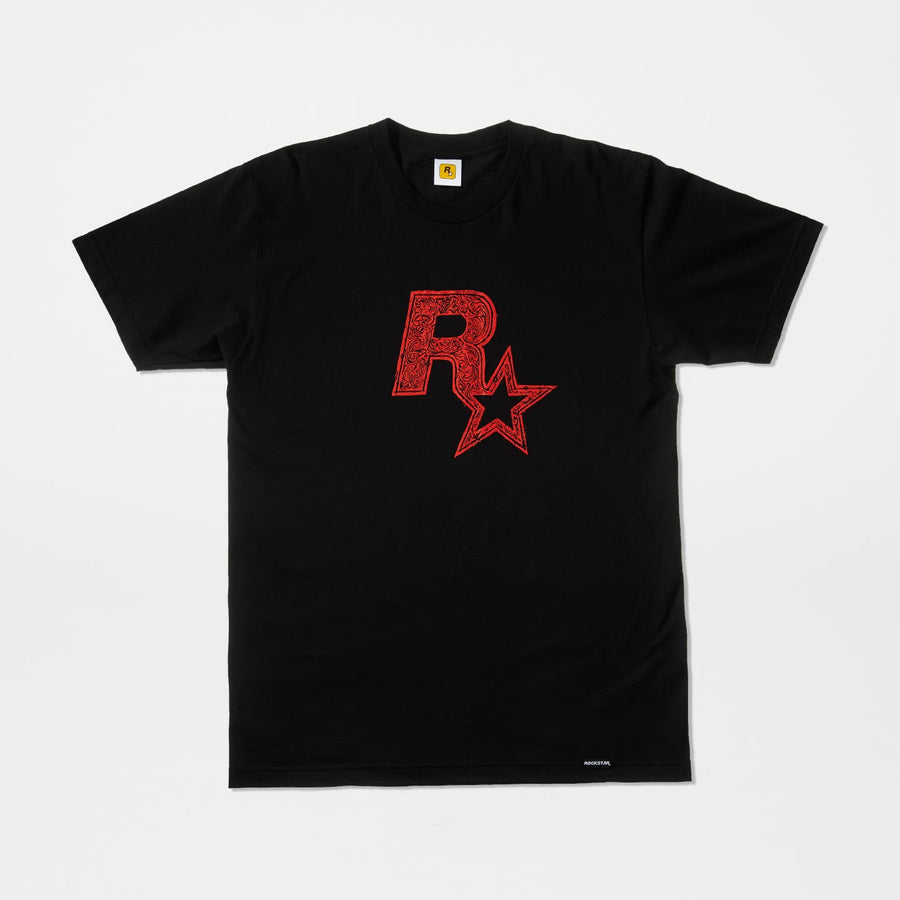 Maglietta con logo Rockstar Games in linoleografia rosso su nero